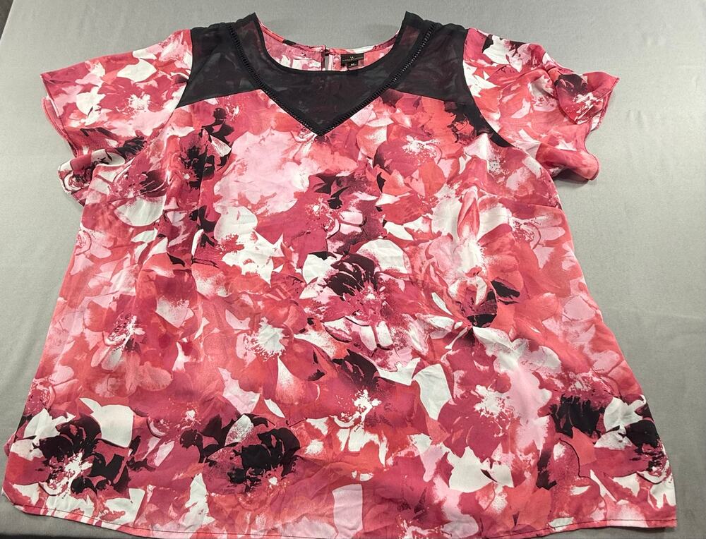 Worthington Woman 3X Pink Floral Mesh Yoke Blouse Short Sleeve Plus Size Top